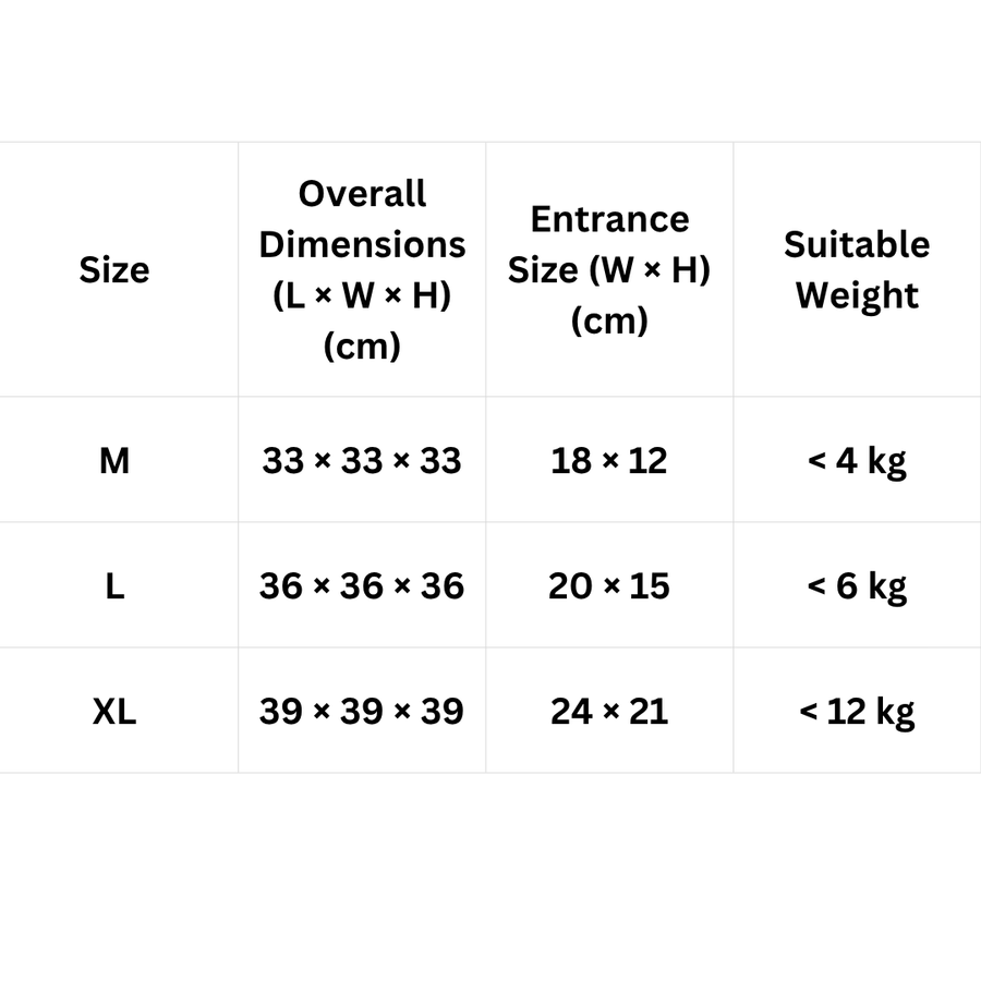 Size chart for Luna Cosy Cat Cave