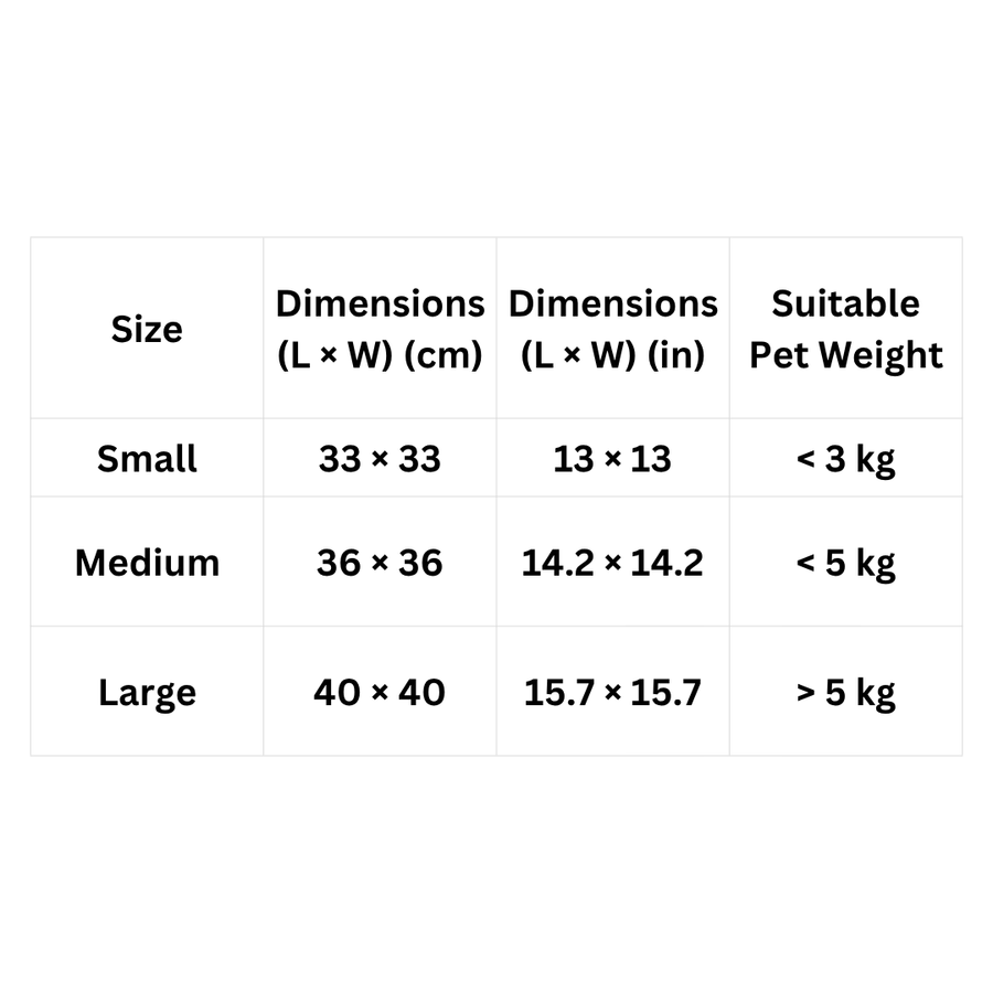 Size chart for PettaPaw Coco Cosy Cat Cave